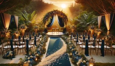 deep blue and gold outdoor wedding ceremony venue