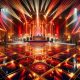 dj booth and dance floor with red and gold lighting