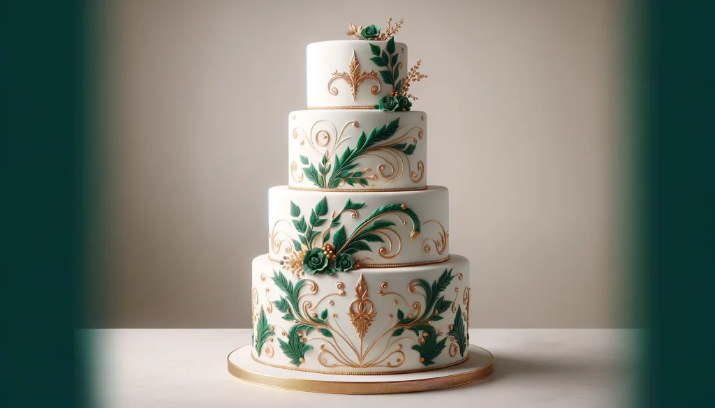 white weddimg cake with intricate emerald green and gold decor along the sides and on top