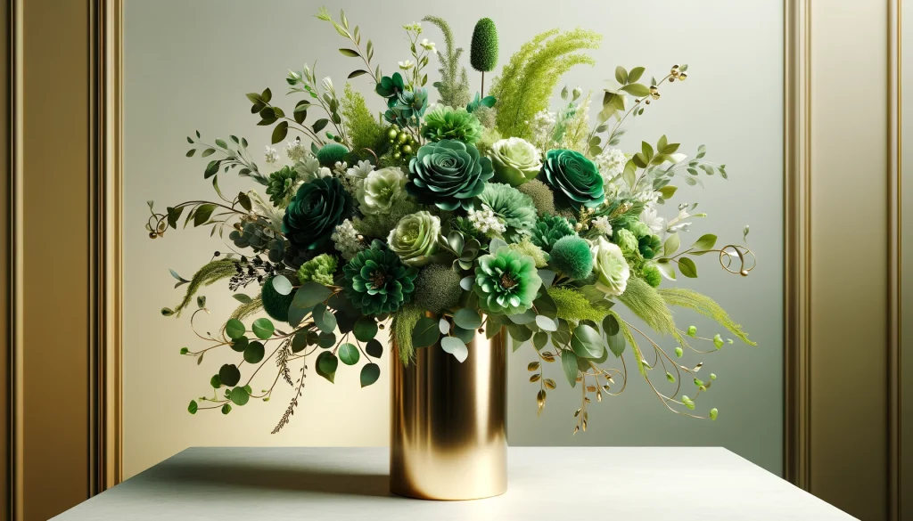 floral arrangement with emerald green flowers, along with other green flowers and greenery, displayed in an elegant golden vase