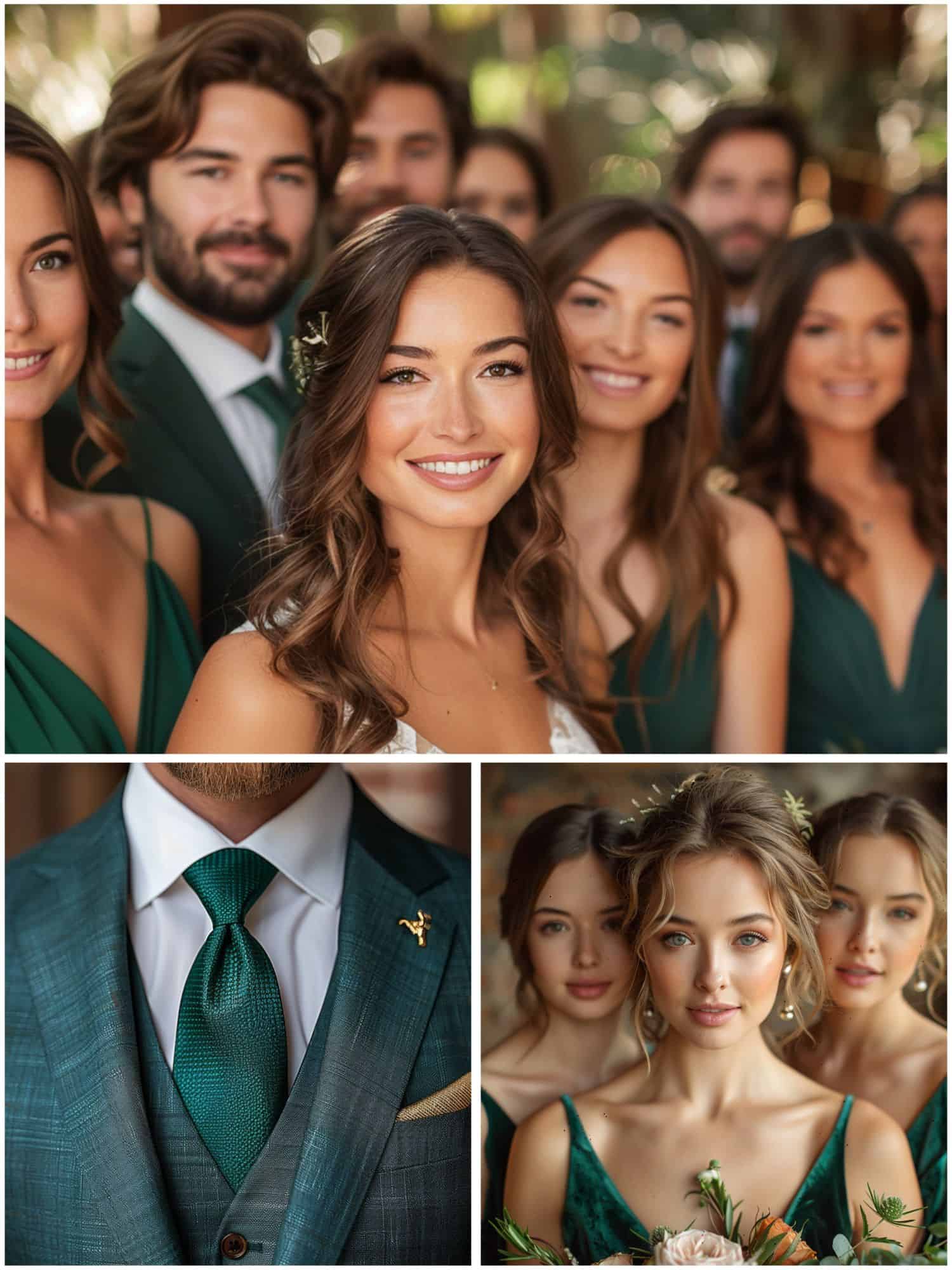 emerald green and gold wedding party attire