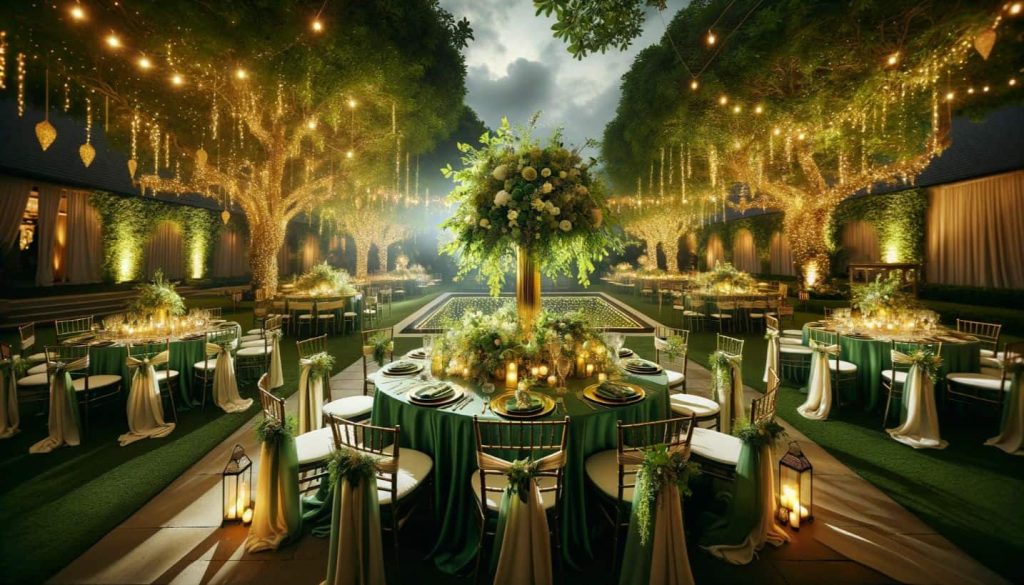 outdoor wedding reception venue with emerald green and gold motif, trees sparkling with fairy lights and hanging pendants
