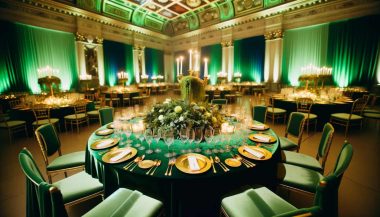 wedding reception with green tables and gold dinnerware