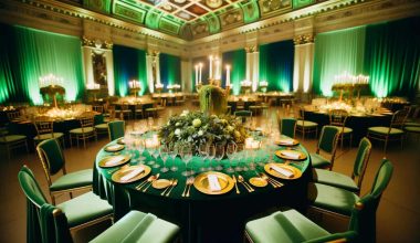 wedding reception with green tables and gold dinnerware