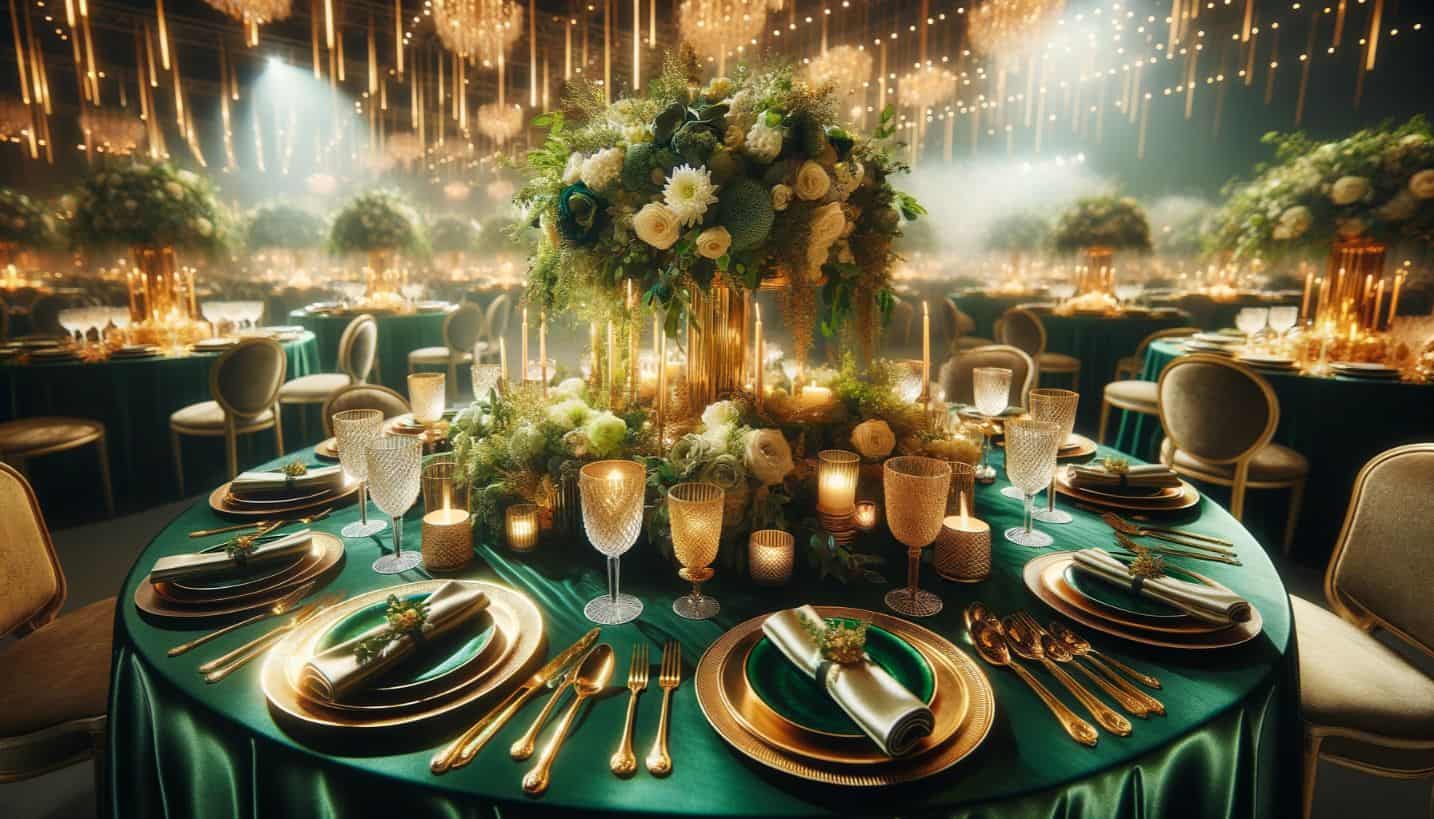 emerald green tablecloth with gold dinnerware, glassware, decor, and a matching floral arrangement as a centerpiece
