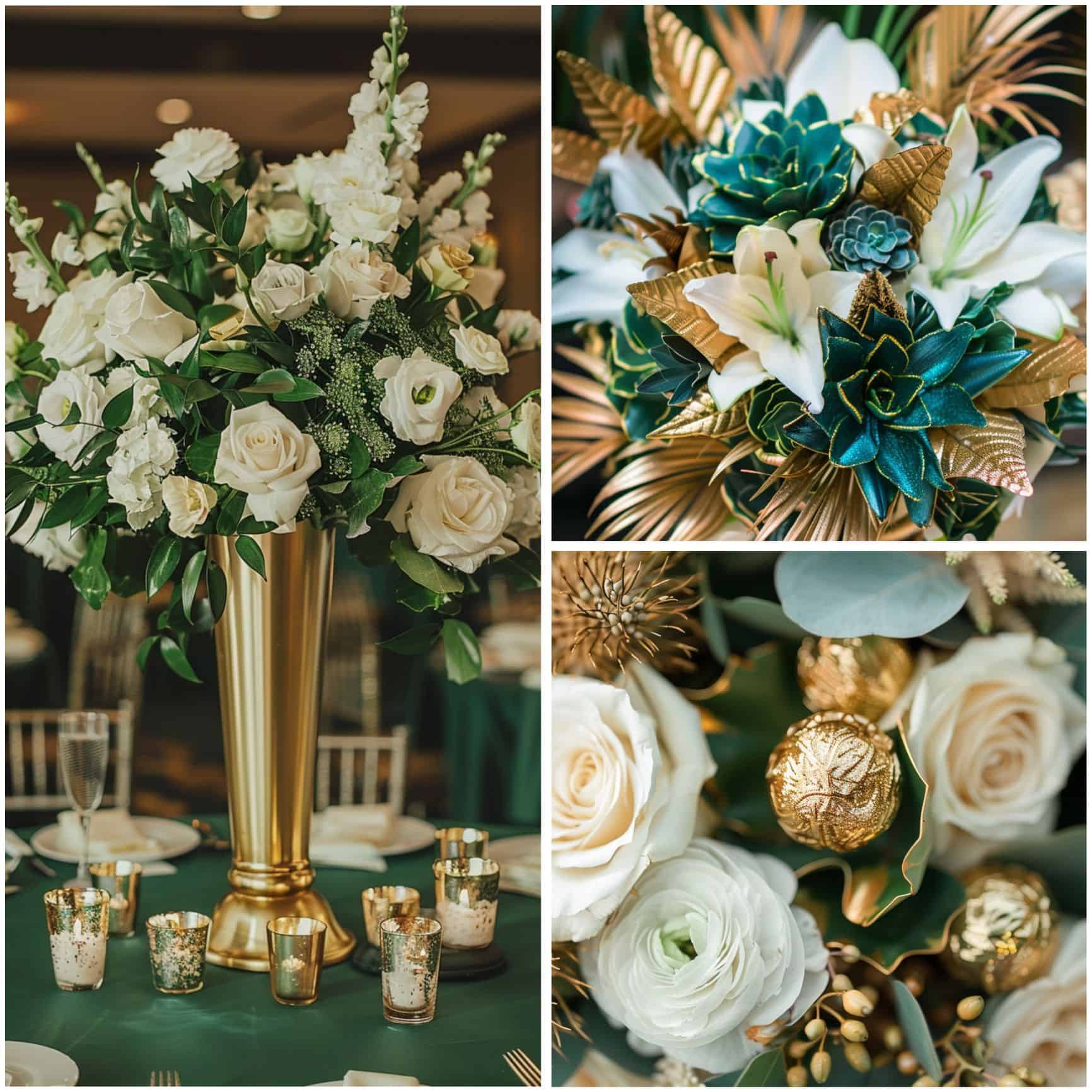 floral arrangements with gold and emerald green details