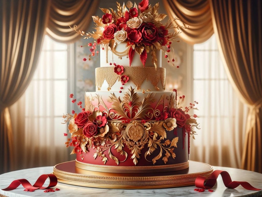 floral red and gold wedding cake