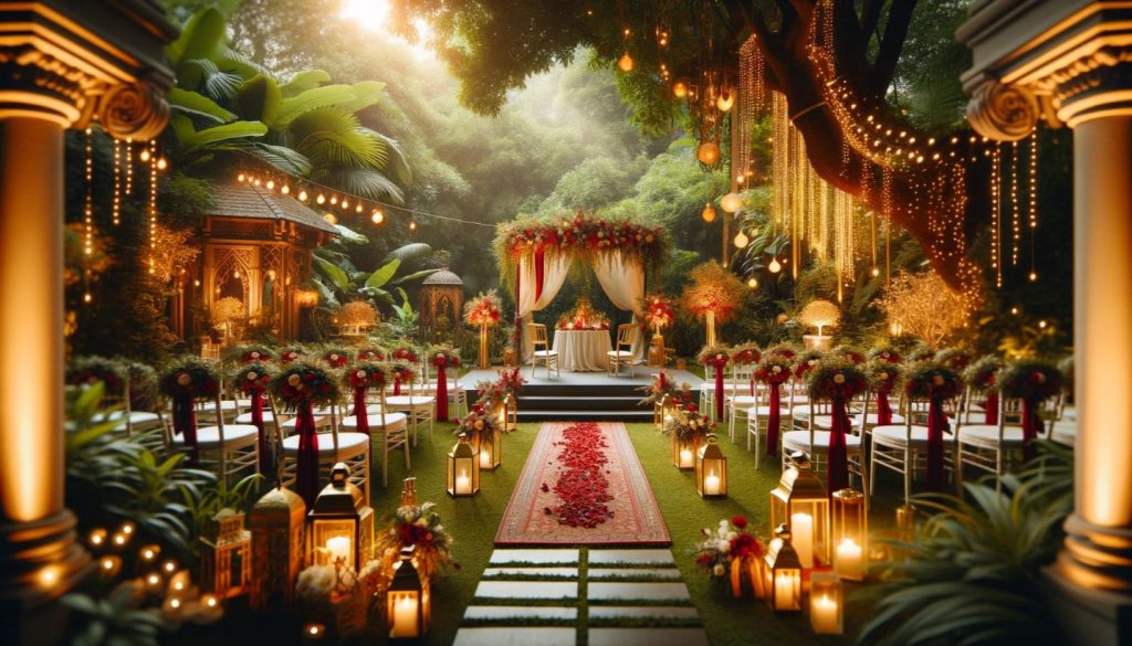 garden wedding with red and gold theme