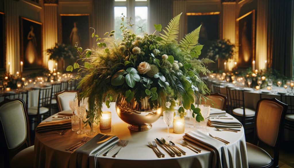 green and white floral arrangement in gold vase