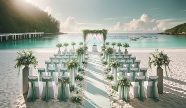 green and white-themed beach wedding ceremony