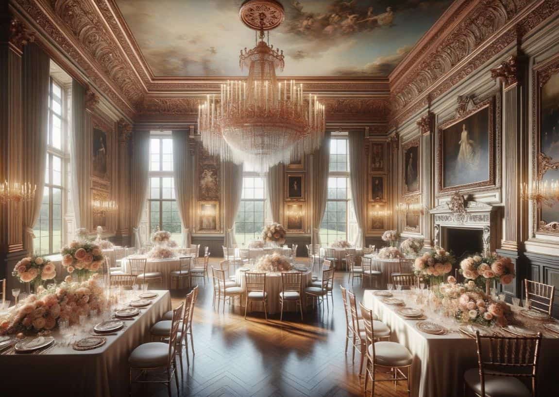 historic mansion wedding venue with rose gold theme