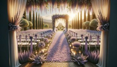 wedding ceremony venue with chairs embellished with lavender fabric, the aisle has scattered lavender petals, and the wedding arch has lavender-colored flowers
