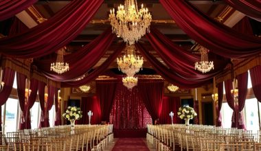 lavish ceremony space with burgundy draperies chairs and carpets