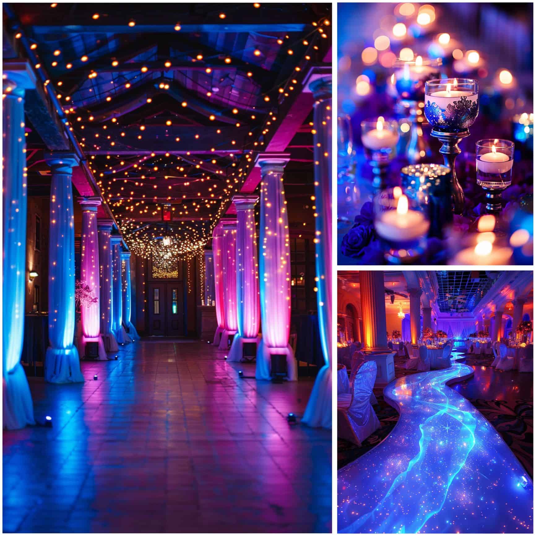 lighting and ambiance for blue and purple wedding