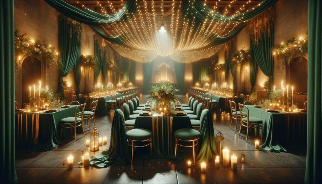 emerald green and gold themed wedding reception, with fairy lights strung across the roof to give the room a golden glow