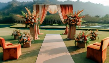 outdoor wedding ceremony venue with burnt orange decor