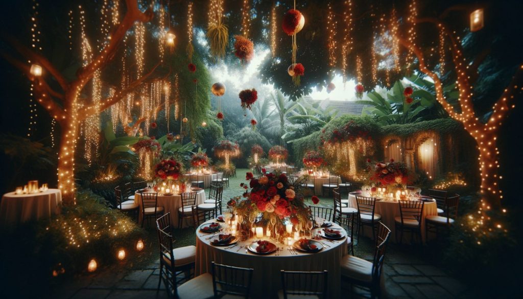 outdoor wedding reception with gold fairy lights and red flower centerpieces
