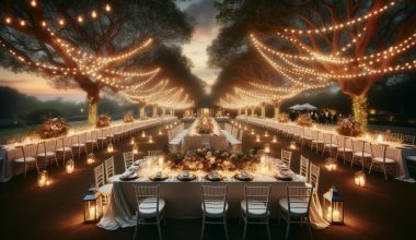 outdoor wedding venue with string lights and lanterns