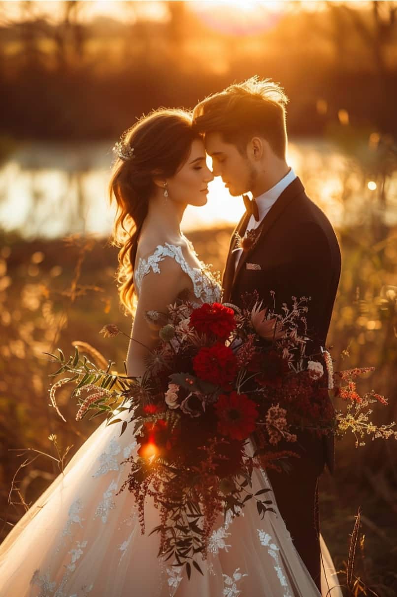 photograph of bride and groom with red and black flowers