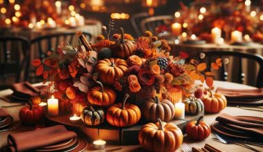 an elaborate centerpiece with pumpkins, candles, and greenery all in fall colors
