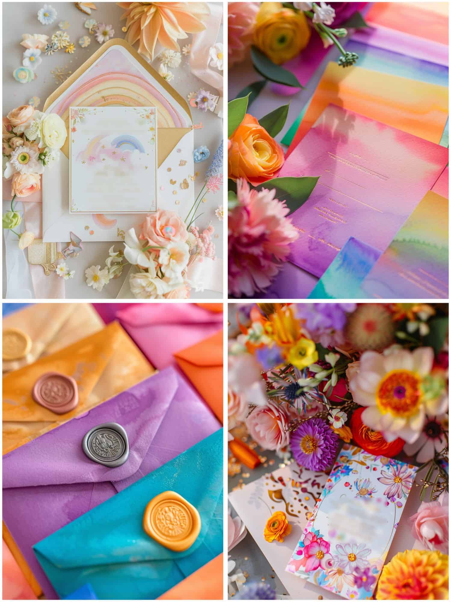 rainbow wedding theme ideas for invitation suites