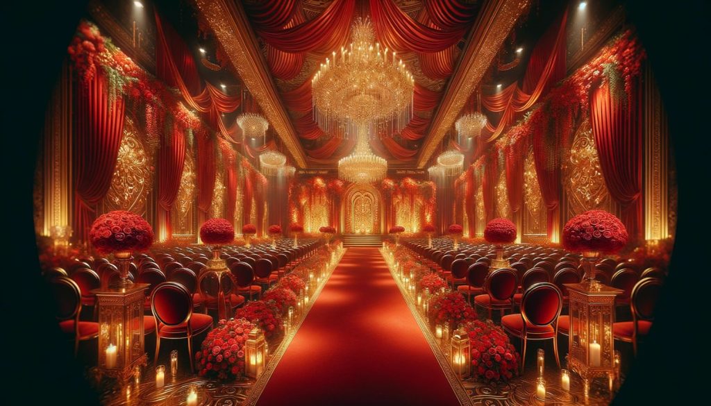 red and gold-themed indoor wedding ceremony