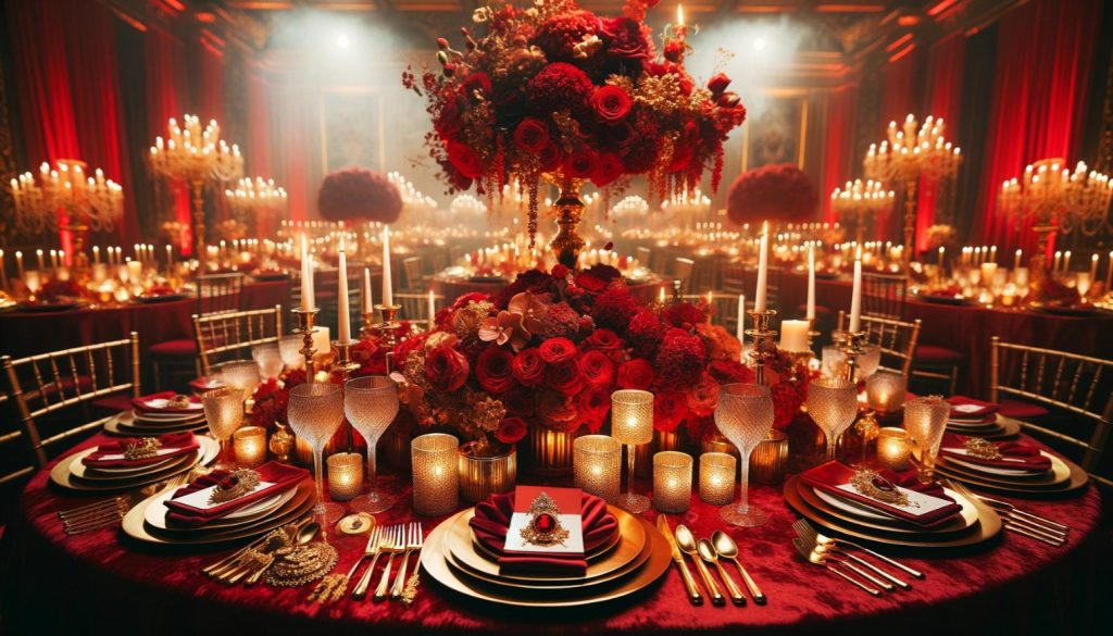 red and gold-themed wedding reception tablescape