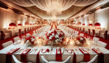 red and white tablescape at a wedding reception
