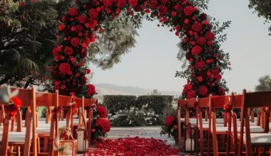 red wedding arch and petals along the aisle