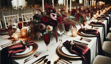 table setting with burgundy elements