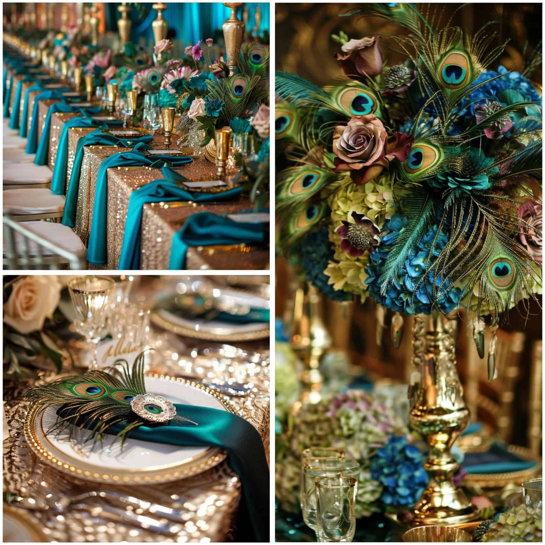 table settings for a peacock-themed wedding