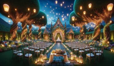 tangled-theme wedding ceremony venue with lanterns, twinkling lights, and a lot of flowers