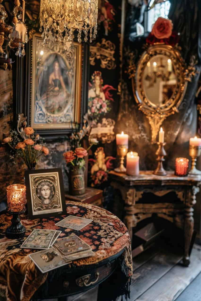 tarot corner at a gothic wedding reception