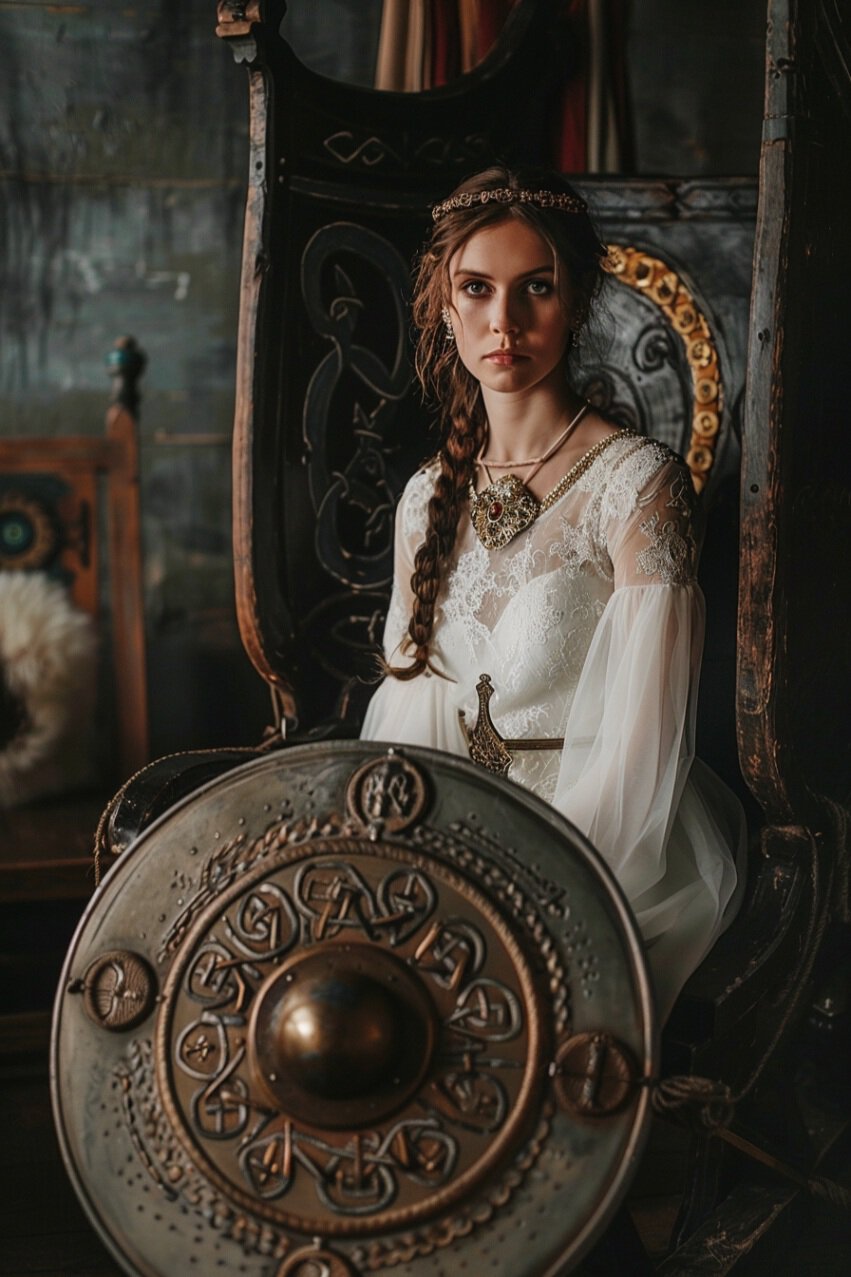 viking bride posing with her shield