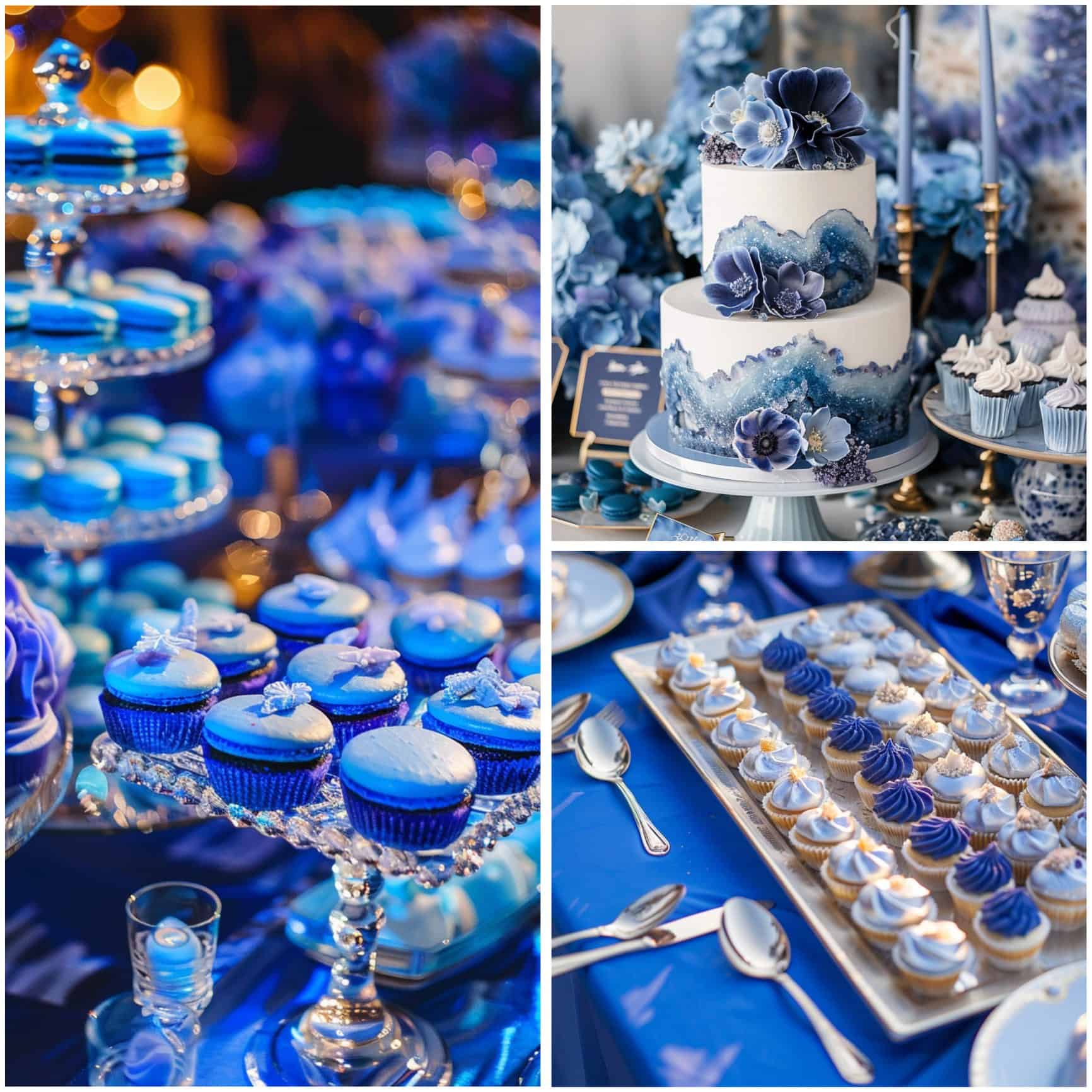 wedding cake and dessert in royal blue