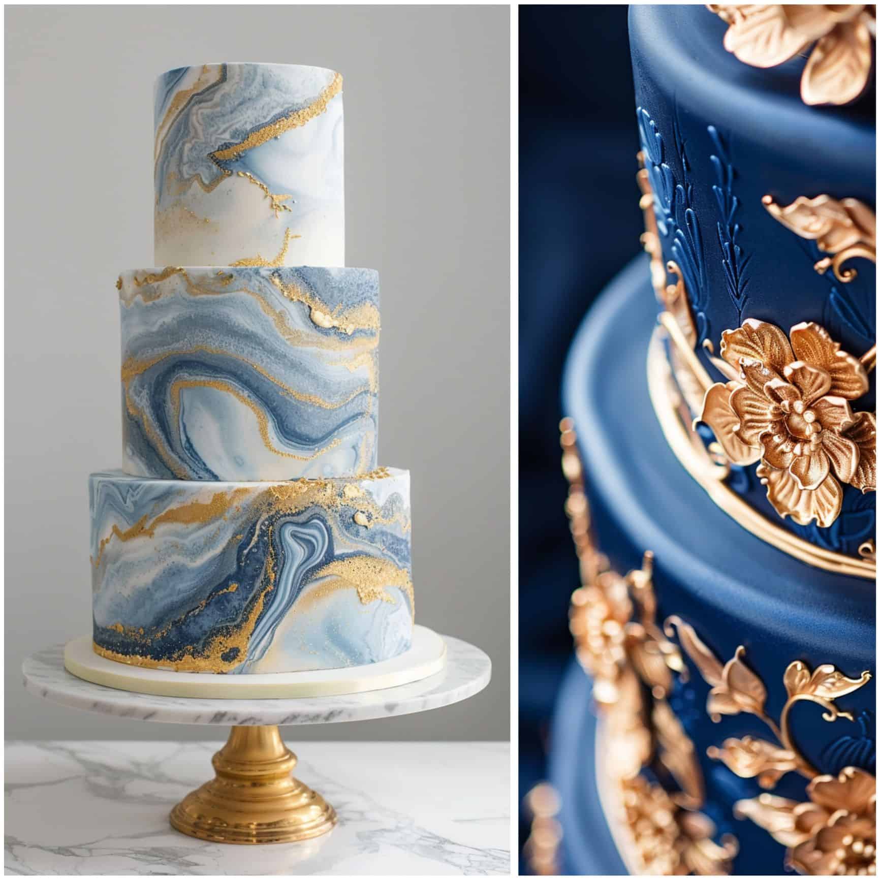 wedding cake with blue and gold details