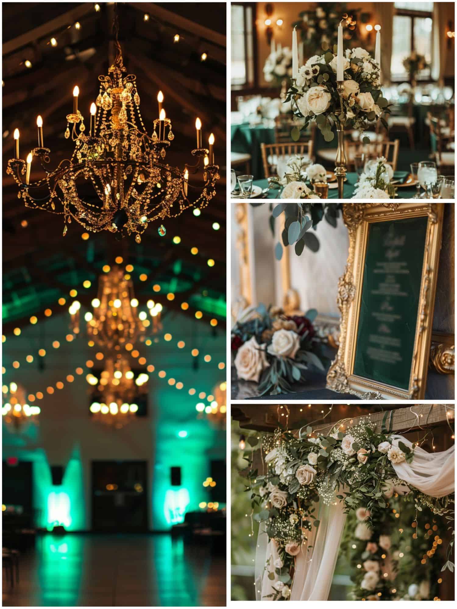 wedding decor in emerald green and gold