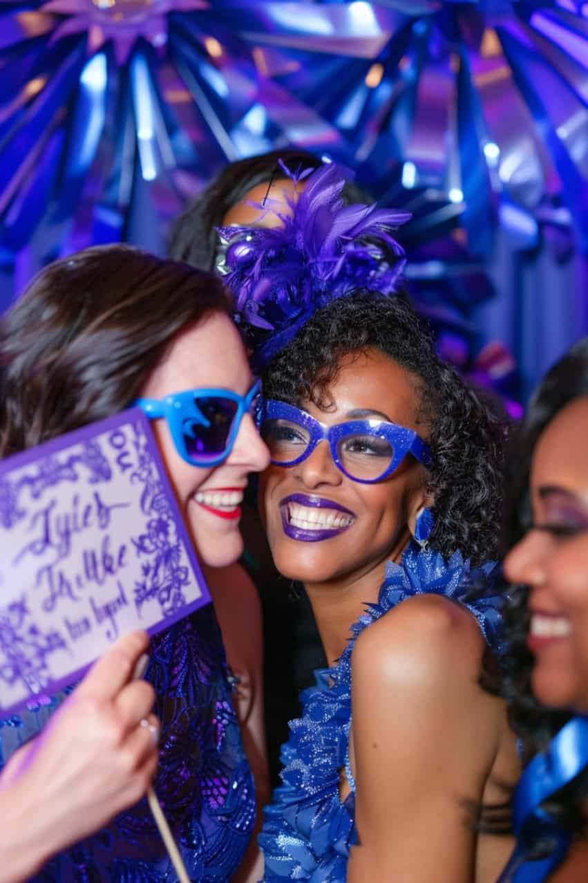 wedding guests posing for a royal blue photo booth