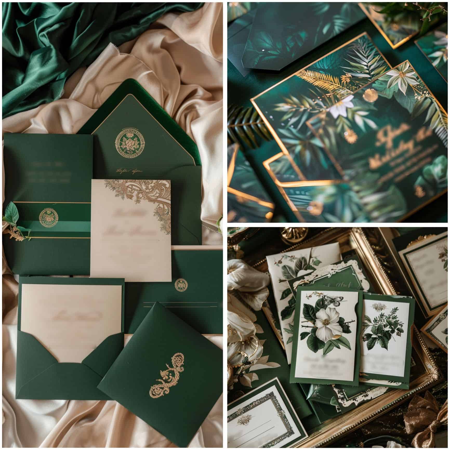 wedding stationery in emerald green and gold