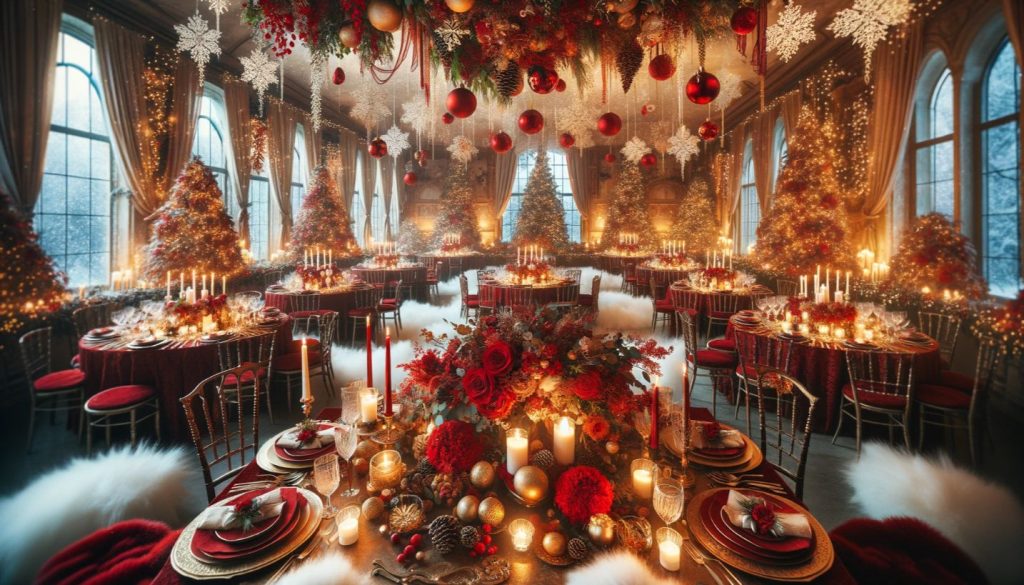 winter wedding with red and gold decor