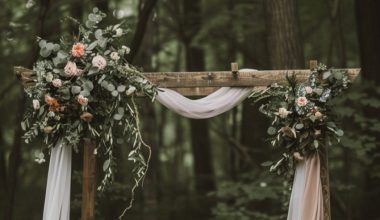 wooden wedding arch with draperies and greeneries