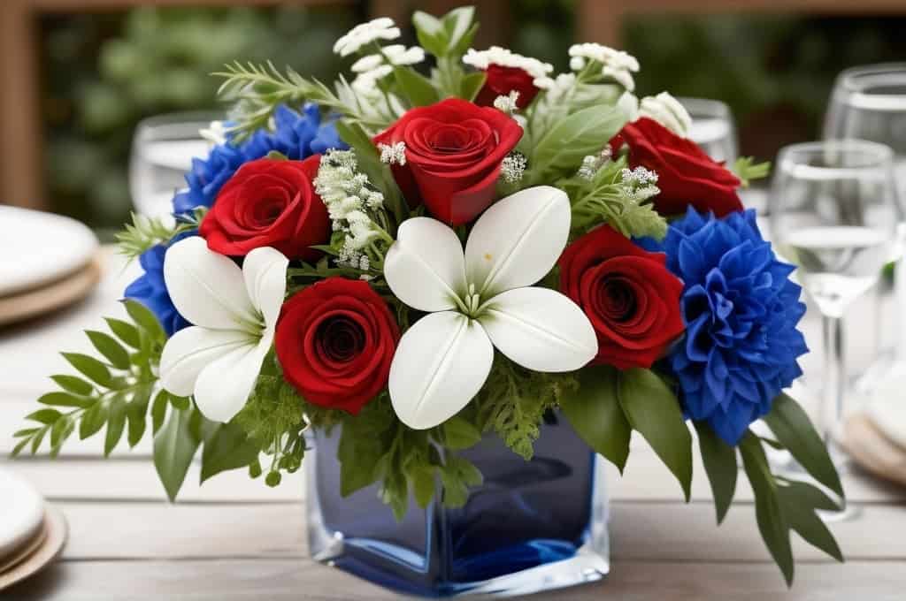 arrangement of red, white, and blue, flowers