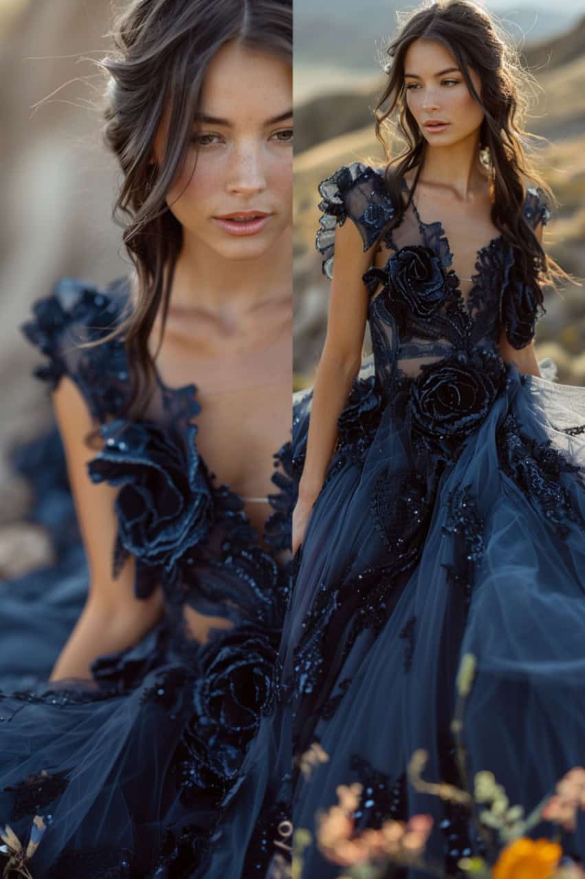 black and blue wedding theme ideas for bridal attire