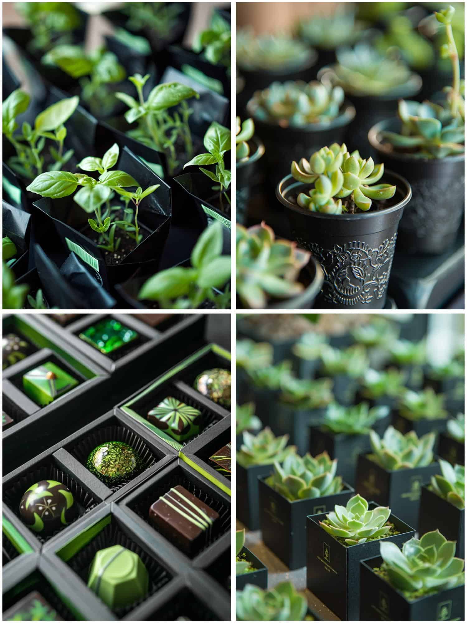 black and green natural wedding favors