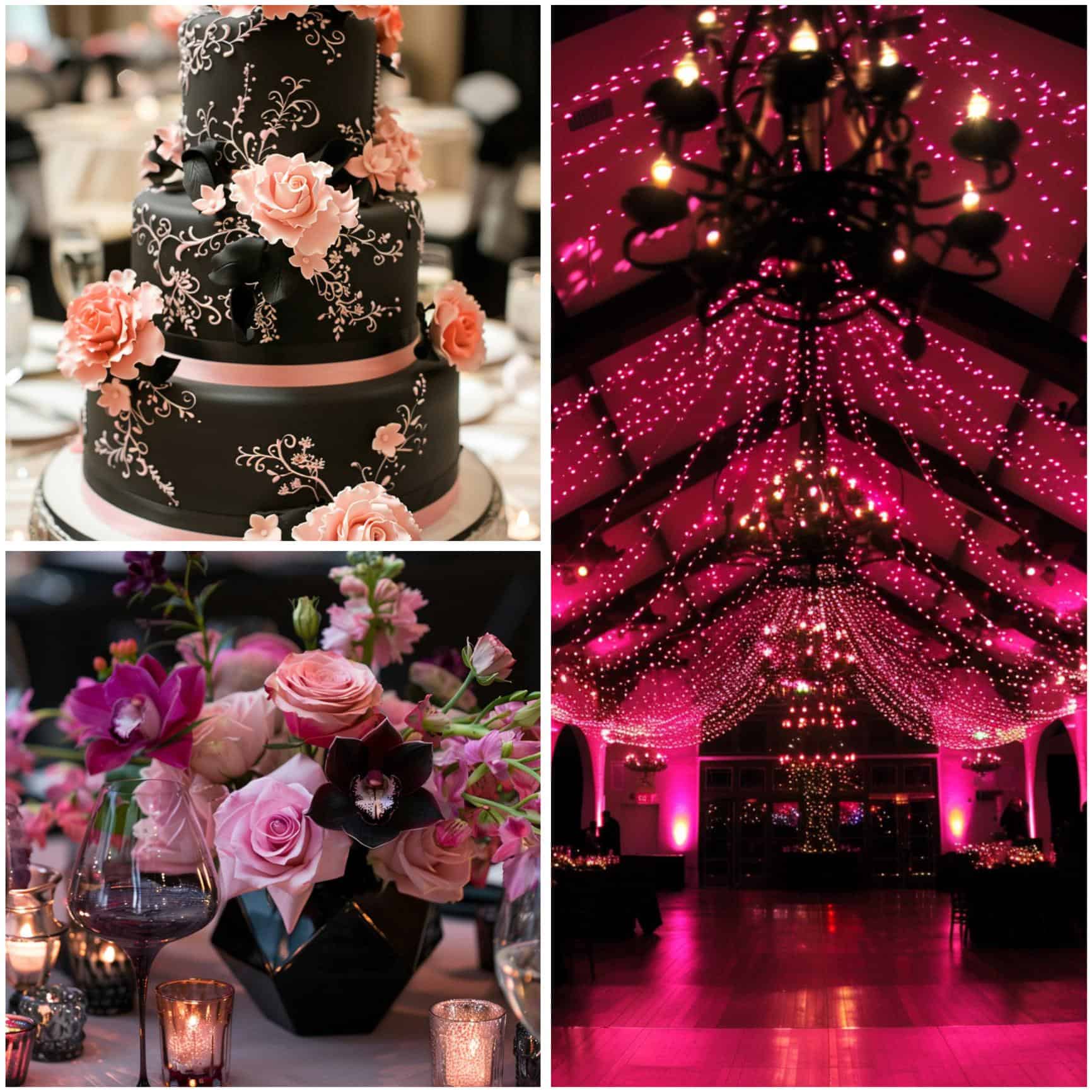 black and pink-themed wedding reception