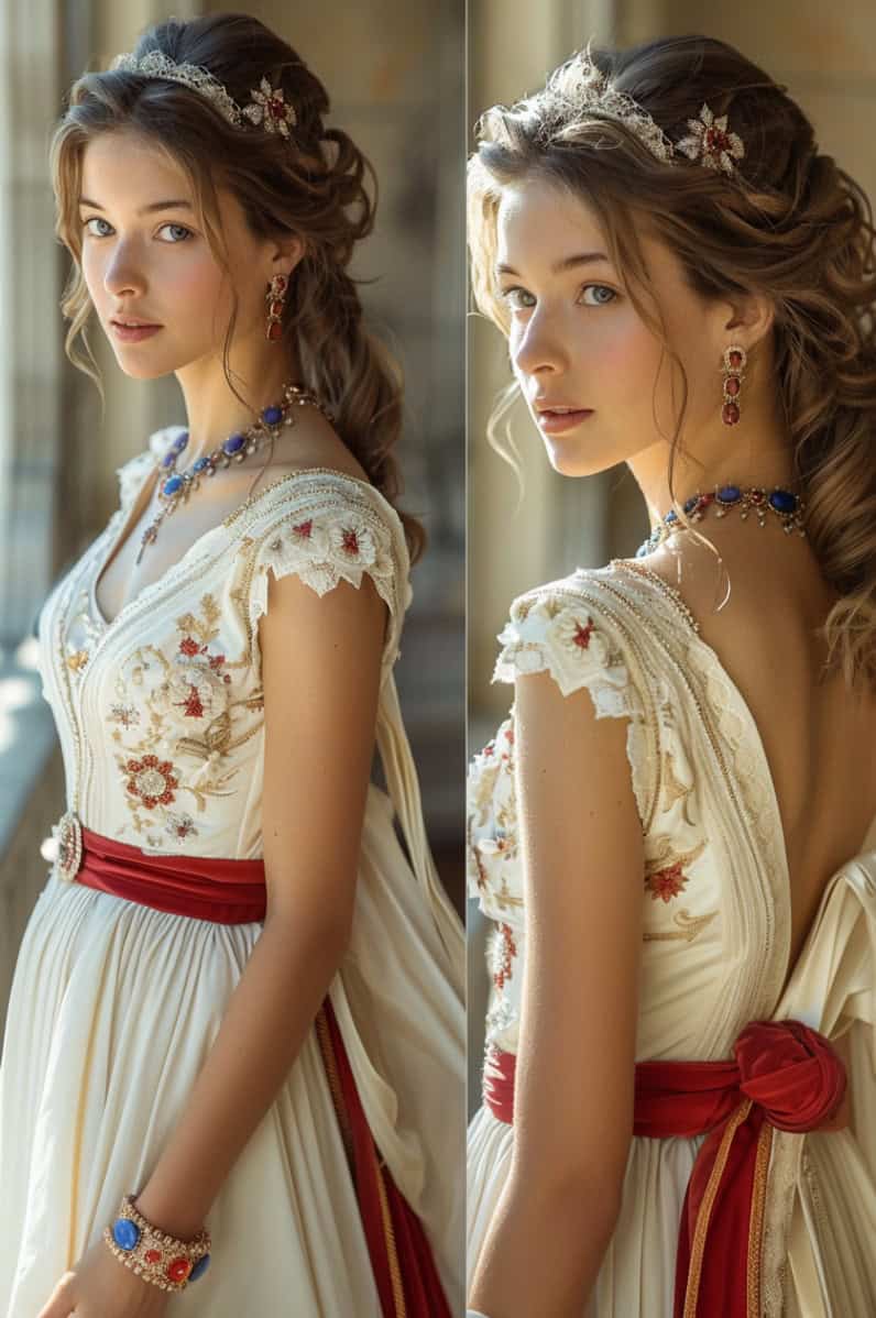 blue and red bridal attire