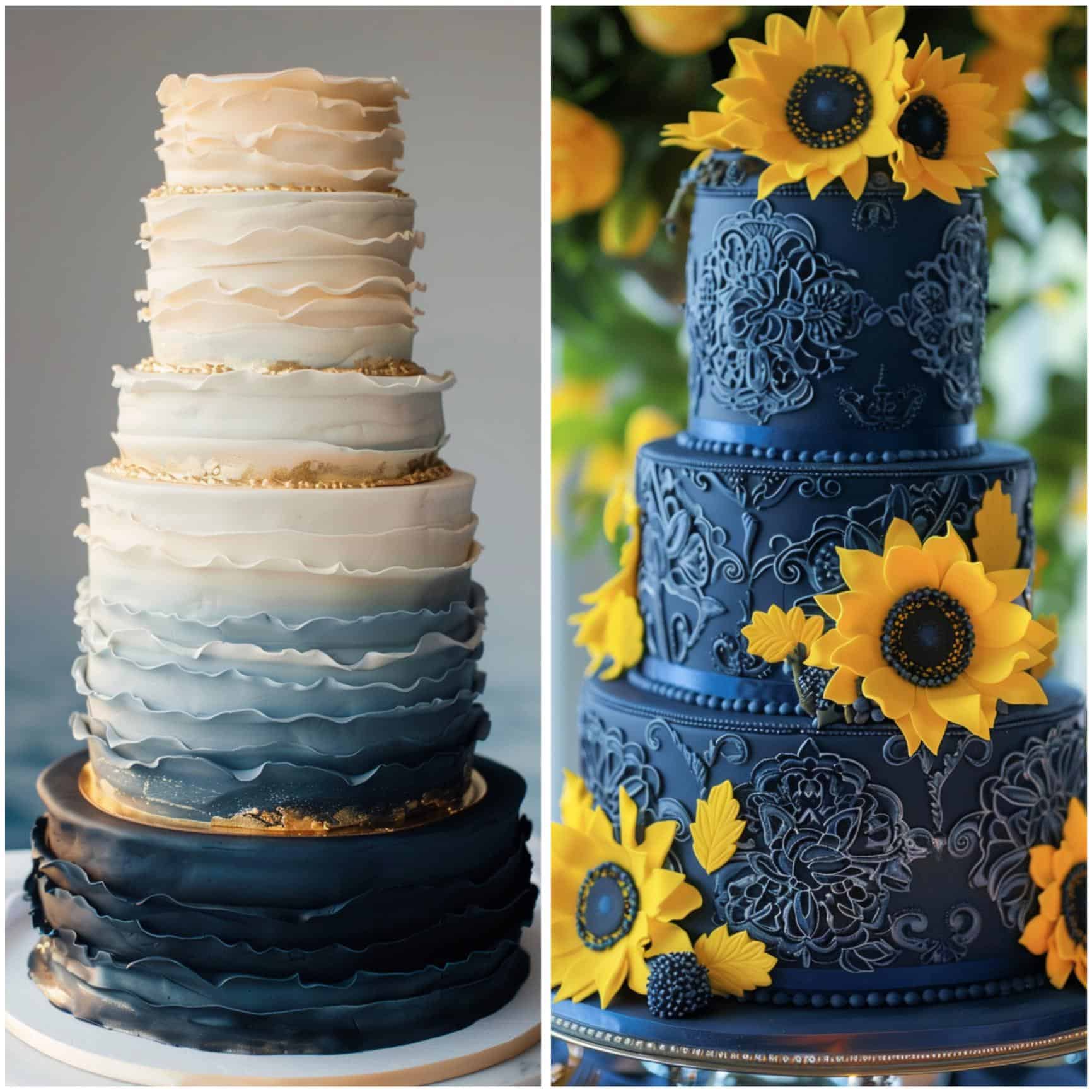 blue and yellow wedding cakes