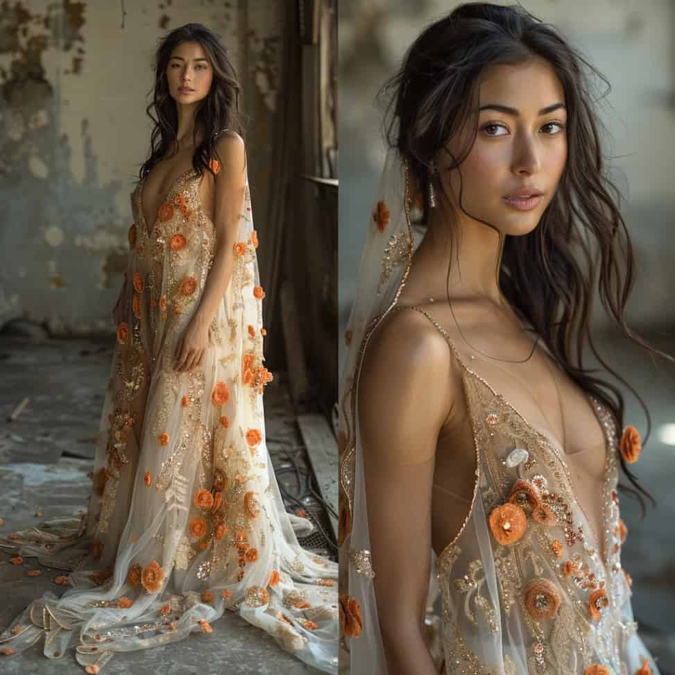 bridal attire with burnt orange and gold details