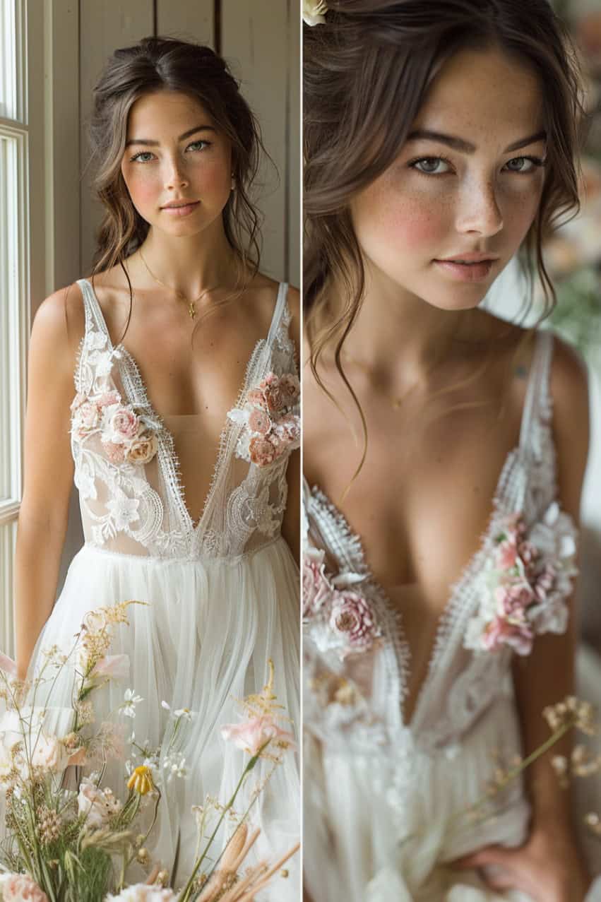 bridal attire with peach and gold details