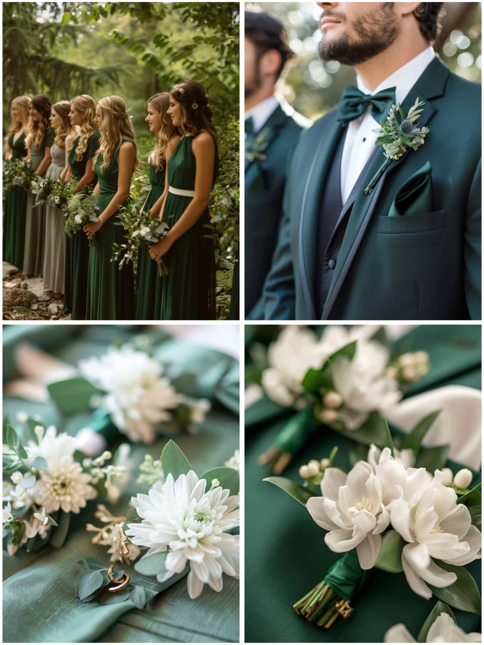 bridal party attire in green and white